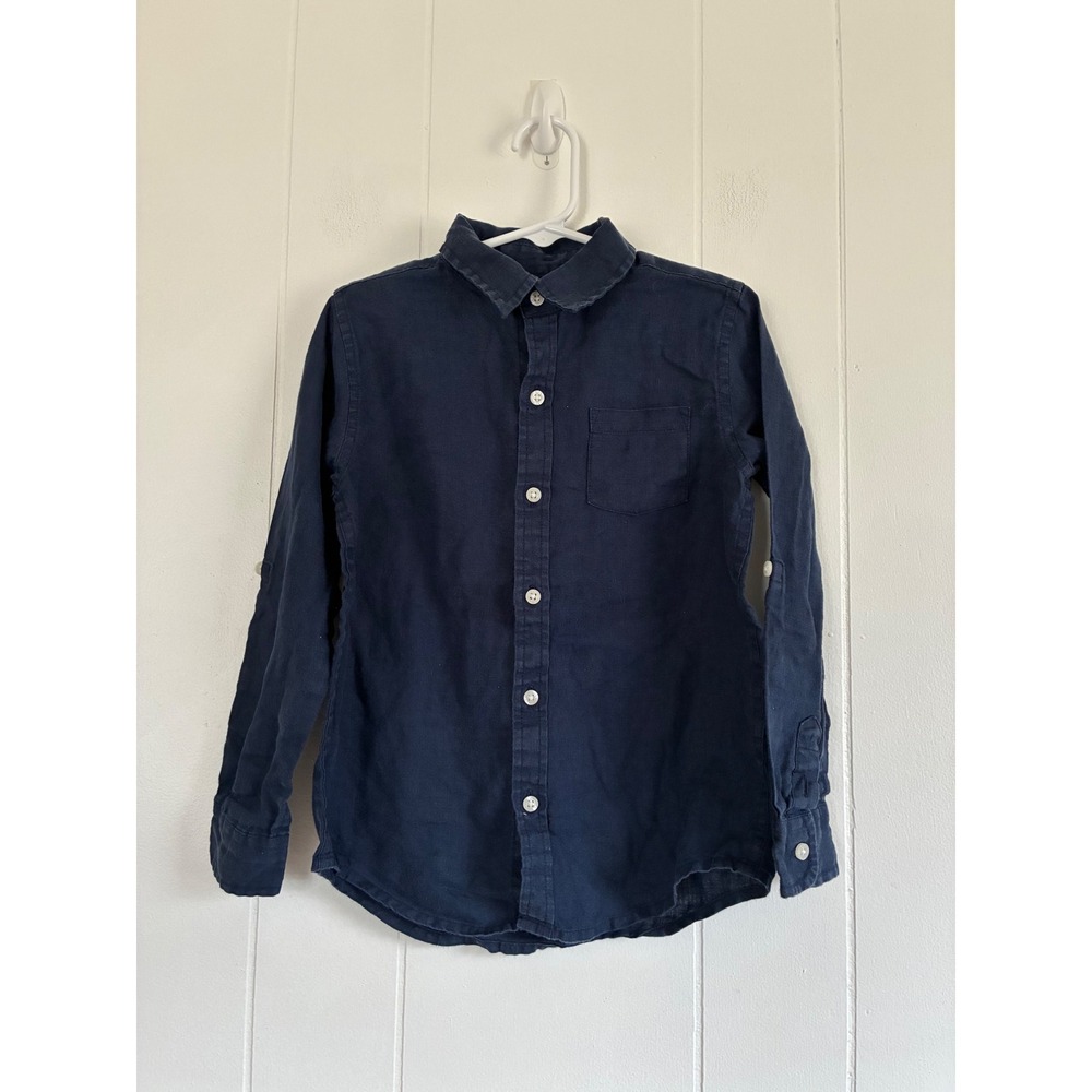 Janie‎ and Jack Boys Navy Blue 100% Linen Long Sleeve Roll-Tab Button Down 5